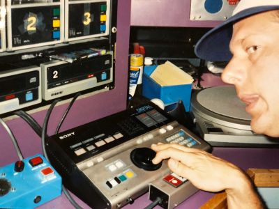 CD players with blue black door intercom, Pasadena cir. 1985