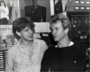 Sting in the Pasadena control room with Jed The Fish, cir.1984